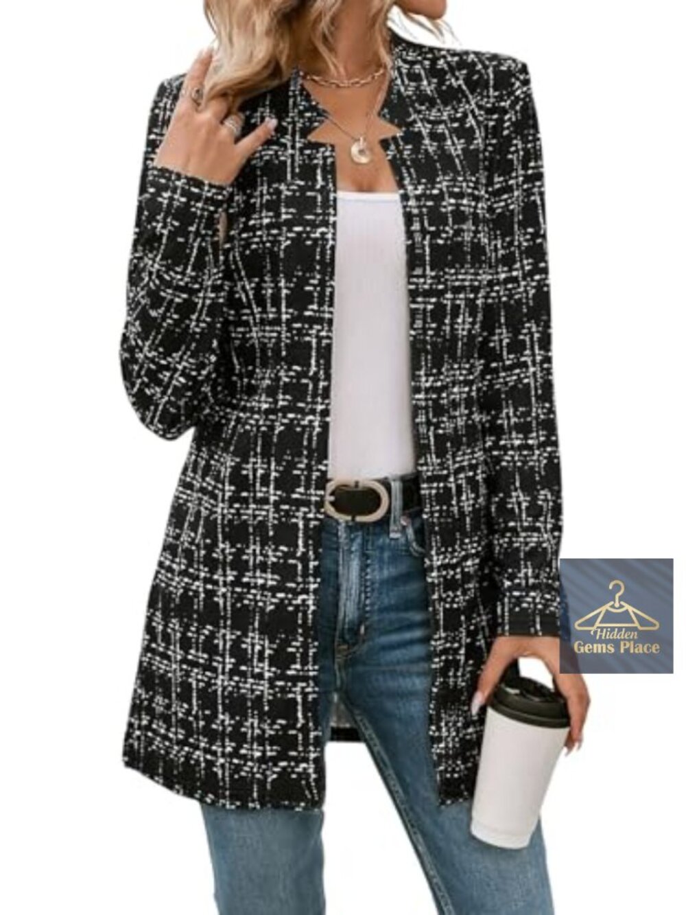 Womens Plaid Tweed Blazer Open Front Slim Fit Long Sleeve Notch Lapel